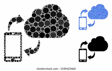 Sync phone-cloud mosaic of filled circles in various sizes and color tinges, based on sync phone-cloud icon. Vector random circles are combined into blue mosaic.