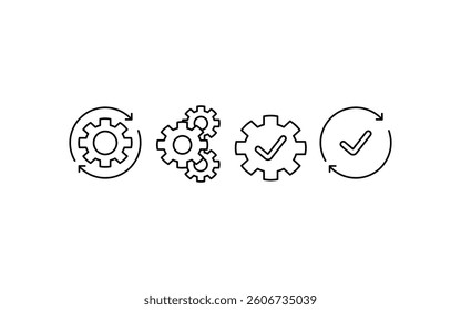 Sync process depicted with four icons of gears, checkmarks, and arrows. Suitable for technology presentations and project management materials.