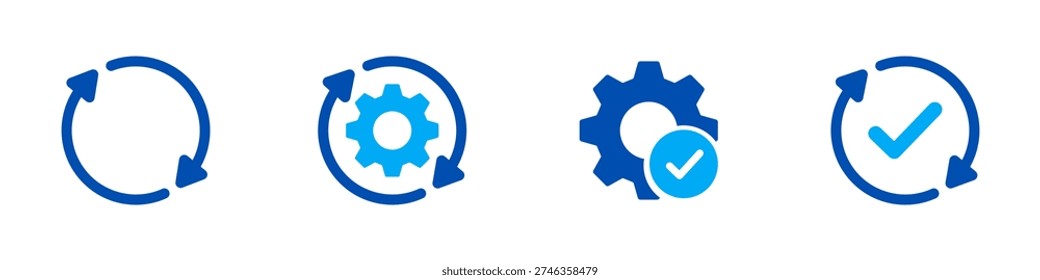 Sync process flat icons set. Bold refresh arrows, gears, and completion checkmarks icon for software update and system UI design. Vector illustration