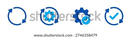Sync process flat icons set. Bold refresh arrows, gears, and completion checkmarks icon for software update and system UI design. Vector illustration