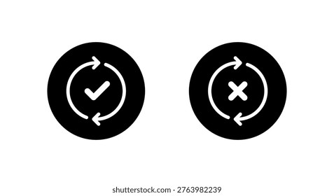Sync process icon in black circle. Cycle arrows with check and cross symbol