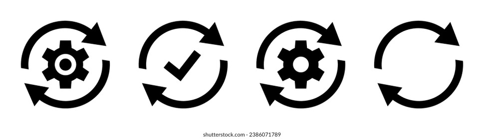 Conjunto de iconos del proceso de sincronización. Sincronizar iconos de procesamiento. Flecha circular con rueda de engranajes. Vector