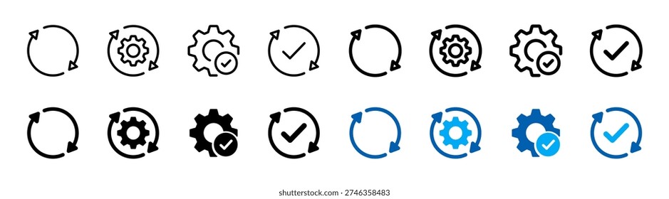 Sync process, reload icon collection. Gear wheel, circle arrow, recycling, refresh, processing, setting, checkmark for Software Update and Data Synchronization UI Design. Flat and line vector icon set
