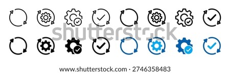 Sync process, reload icon collection. Gear wheel, circle arrow, recycling, refresh, processing, setting, checkmark for Software Update and Data Synchronization UI Design. Flat and line vector icon set