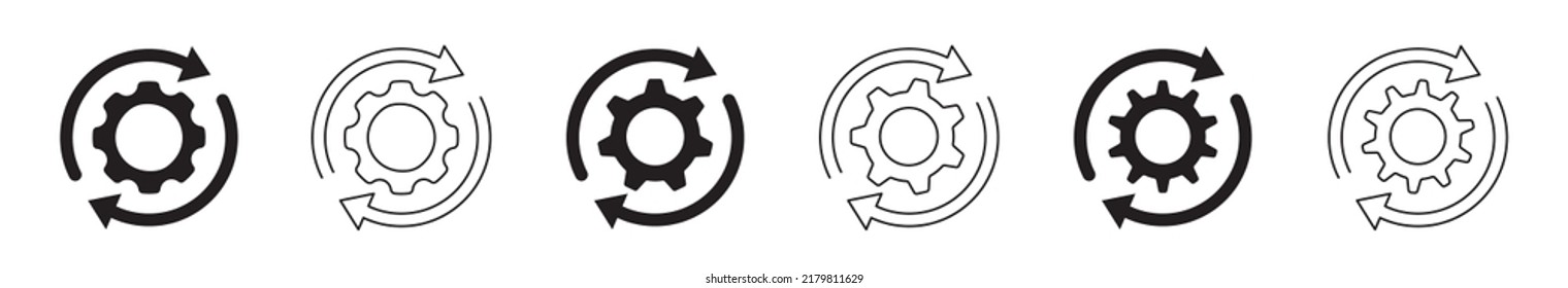 Sync process set. Gear set. Recycling icon. Circular vector arrows. Black gear wheel icons on white background. Vector illustration