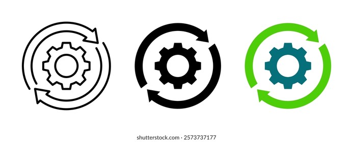 Sync settings button icon. Update arrow symbol with gear. Reload button vector illustration. Reset settings button sign. Cogwheel rotation pictogram. Refresh web navigation concept isolated.