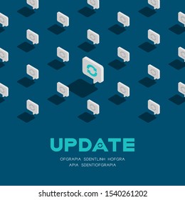 Sync sign in speech bubble message 3d isometric pattern, Data update technology concept poster and social banner post square design illustration isolated on blue background with space, vector eps 10