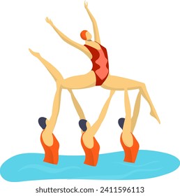 Rendimiento del movimiento de sincronizado en pool, aislado en ilustración vectorial blanca. Equipo deportivo de nadadores en icono de traje de baño. Gimnasia de trabajo en equipo de mujeres en el agua, coordinación activa.