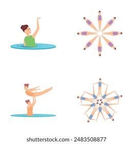 Conjunto de iconos de natación de sincronizado Vector de dibujos animados. Equipo de chicas realizando acrobacias en el agua. Competencia de baile de deportes acuáticos