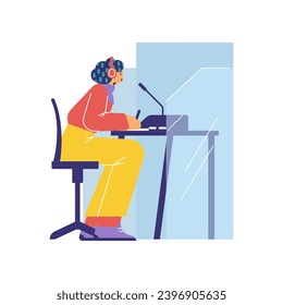 Synchronic translation services and international interpreting. Woman multi language translator in microphone online help understanding and interpreting. Vector illustration isolated on white