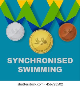 Synchronised swimming sport icon on medal award set with Brazilian color theme designed of ribbon in vector illustration 