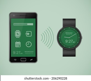 Synchronization between smart watch and smart phone. Smartwatch and smartphone communication. Vector illustration