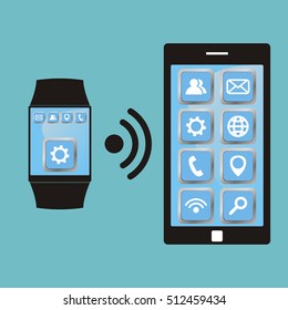 Synchronization between smart watch and smart phone. Smartwatch and smartphone communication. Vector illustration