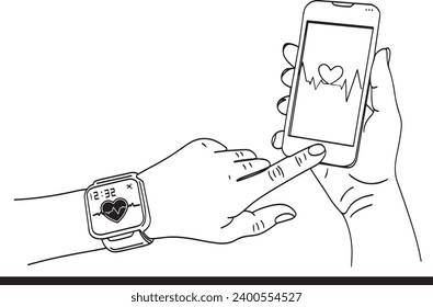 Sincronización entre ilustración de smartwatch y smartphone, Comunicación entre reloj electrónico y vector de smartphone