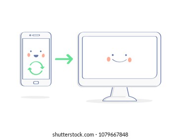 Synchronization of cute mobile phone with a funny happy computer with face. Update information, sync, load, upload,  Flat outline vector illustration.