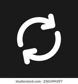 Synchronization dark mode glyph ui icon. Rotating arrows. Sync process. User interface design. White silhouette symbol on black space. Solid pictogram for web, mobile. Vector isolated illustration