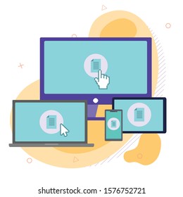 Synchronization of data across various devices with the same file visible on the screens of a laptop, desktop computer, tablet and mobile phone using cloud computing, vector illustration