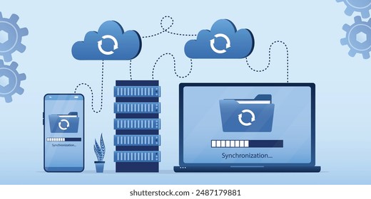 Synchronisation von Daten zwischen digitalen Gadgets und Server mittels Cloud-Technologie. Cloud-Speicher, Remote-Datenspeicherung. Digitalkopie von Fotos, Videos und Informationen. flache Vektorillustration