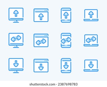 Synchronization and Data Exchange vector line icons. Download and Upload to Devices outline icon set. Send File from Computer, Receive Information to Mobile Phone, Sync, Web Data Transfer and more.