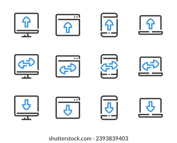 Synchronization and Data Exchange vector line icons. Download and Upload to Devices outline icon set. Send File from Computer, Receive Information to Mobile Phone, Sync, Web Data Transfer and more.