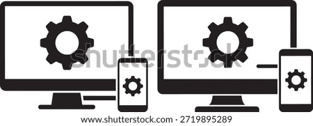 Synchronization devices on white background gear process phone pc sync