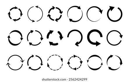 Synchronization or reloading icons set. Vector isolated rotating circles with arrows, bold and dashed line, flat style. Recycling or renewal, reboot or refreshing, UI or GUI design for web or app