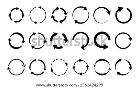 Synchronization or reloading icons set. Vector isolated rotating circles with arrows, bold and dashed line, flat style. Recycling or renewal, reboot or refreshing, UI or GUI design for web or app