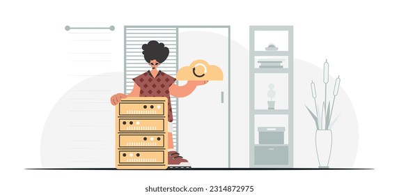Synchronization and security of data capacity concept. The boy is holding a data cloud and a server. Trendy style, Vector Illustration