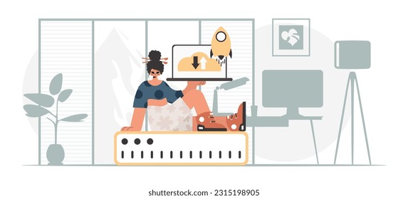 Synchronization and security of data capacity concept. The energized woman is holding a data cloud and a server. Trendy style, Vector Illustration