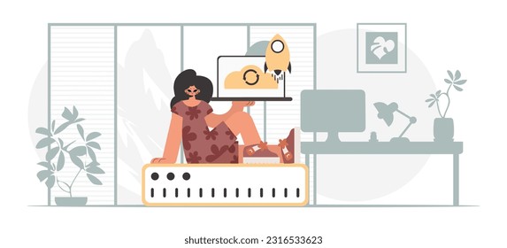 Synchronization and security of data capacity concept. The energized woman is holding a data cloud and a server. Trendy style, Vector Illustration