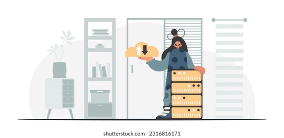 Synchronization and security of data capacity concept. The energized woman is holding a data cloud and a server. Trendy style, Vector Illustration