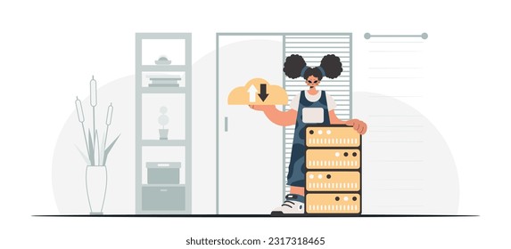 Synchronization and security of data capacity concept. The energized woman is holding a data cloud and a server. Trendy style, Vector Illustration