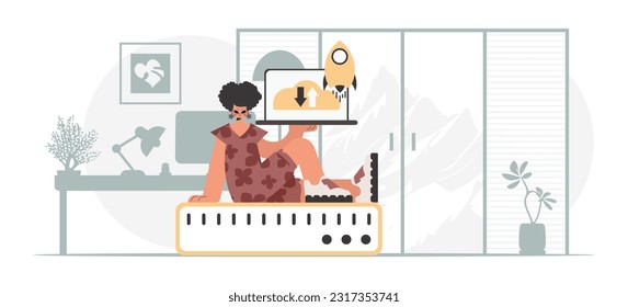 Synchronization and security of data capacity concept. The energized woman is holding a data cloud and a server. Trendy style, Vector Illustration