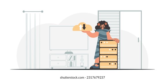 Synchronization and security of data capacity concept. The energized woman is holding a data cloud and a server. Trendy style, Vector Illustration