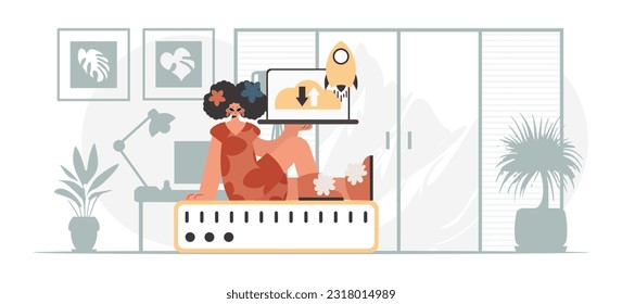 Synchronization and security of data capacity concept. The energized woman is holding a data cloud and a server. Trendy style, Vector Illustration