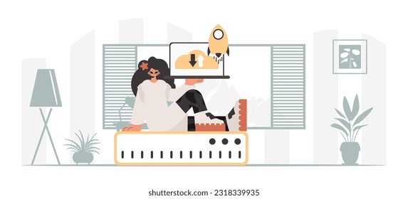 Synchronization and security of data capacity concept. The energized woman is holding a data cloud and a server. Trendy style, Vector Illustration