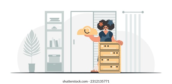 Synchronization and security of information capacity concept. The energized lady is holding a information cloud and a server. Trendy style, Vector Illustration