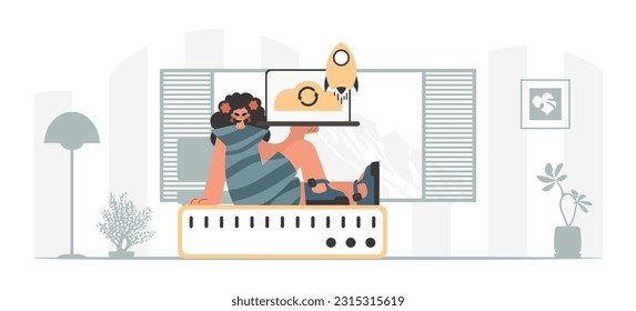 Synchronization and security of information capacity concept. The energized lady is holding a information cloud and a server. Trendy style, Vector Illustration