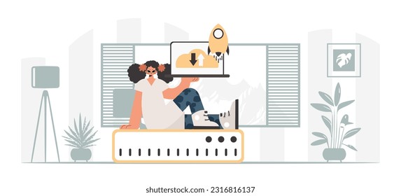 Synchronization and security of information capacity concept. The energized lady is holding a information cloud and a server. Trendy style, Vector Illustration