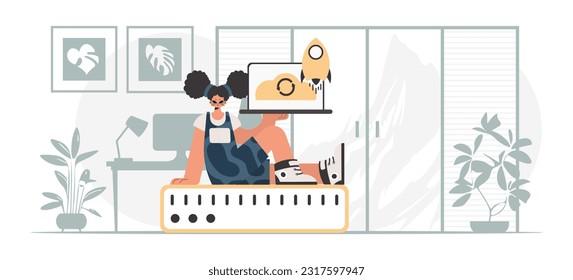 Synchronization and security of information capacity concept. The energized lady is holding a information cloud and a server. Trendy style, Vector Illustration