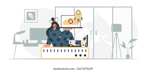 Synchronization and security of information capacity concept. The energized lady is holding a information cloud and a server. Trendy style, Vector Illustration