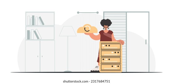 Synchronization and security of information capacity concept. The energized lady is holding a information cloud and a server. Trendy style, Vector Illustration