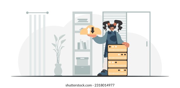 Synchronization and security of information capacity concept. The energetic lady is holding a information cloud and a server. Trendy style, Vector Illustration