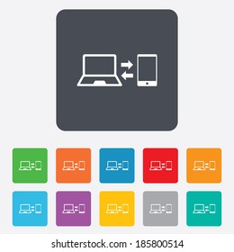Synchronization sign icon. Notebook with smartphone sync symbol. Data exchange. Rounded squares 11 buttons. Vector