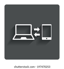 Synchronization sign icon. Notebook with smartphone sync symbol. Data exchange. Gray flat button with shadow. Modern UI website navigation. Vector