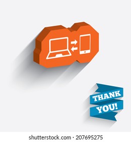 Synchronization sign icon. Notebook with smartphone sync symbol. Data exchange. White icon on orange 3D piece of wall. Carved in stone with long flat shadow. Vector