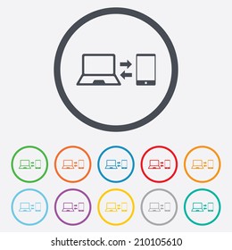 Synchronization sign icon. Notebook with smartphone sync symbol. Data exchange. Round circle buttons with frame. Vector