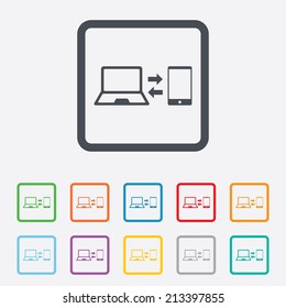 Synchronization sign icon. Notebook with smartphone sync symbol. Data exchange. Round squares buttons with frame. Vector