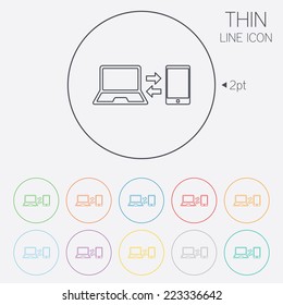 Synchronization sign icon. Notebook with smartphone sync symbol. Data exchange. Thin line circle web icons with outline. Vector