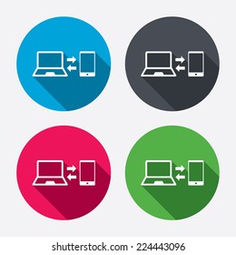 Synchronization sign icon. Notebook with smartphone sync symbol. Data exchange. Circle buttons with long shadow. 4 icons set. Vector